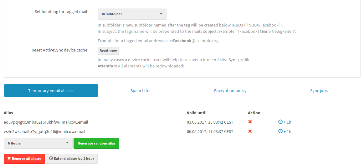 How to set spam- or temporary email aliases in mailcow